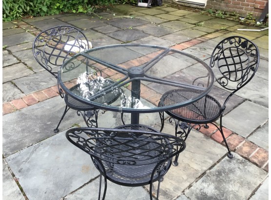 Vintage Black Wrought Iron  Glass Top Table With 3 Chairs