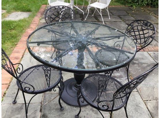 Vintage Black Wrought Iron Glass Top Table And 4 Arm Chairs