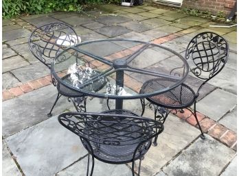 Vintage Black Wrought Iron  Glass Top Table With 3 Chairs