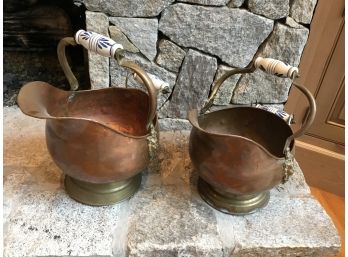 Pair Of Ash/Wood Brass Buckets With Delft Handles Holland