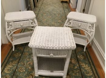 3 Pieces  White Wicker End Tables