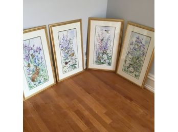 Set  Of 4 Framed Watercolor Botanical, Butterfly's, Birds And Bunnies, Signed By Susan Peifer