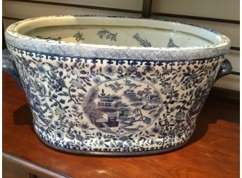 Blue And  White Asian Fish Bowl With 2 Handles