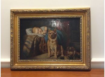 Framed Oil On Canvas  Sleeping Baby With Dog