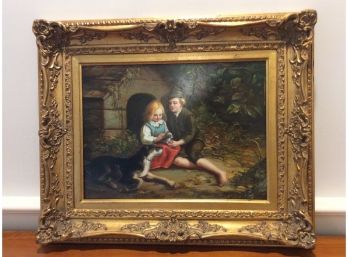 Ornate Framed Oil On Board Boy And  Girl With Dog Signed  Christian (?)