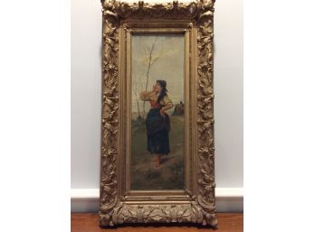 Antique Oil On Canvas Woman In Field Signed A. Valon ?