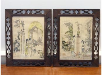 Pair Japanese Hand Painted On Paper  Carved Frames
