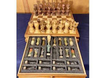 Carved Wood Chess Set With Bonus WWII Axis/Allied Chess Set In Drawer Below (See Description For Details)