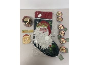Pier 1 Santa Christmas Stocking, Ornaments And Candle Lot X