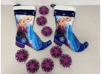 Disney Frozen Christmas Stockings & Snowflake Glitter Ornaments
