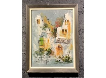 Vintage Abstract Oil Painting  Of A House Signed Illegibly