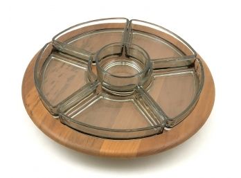 Vintage Mid Century Digsmed Teak And Glass Lazy Susan Snack Dish