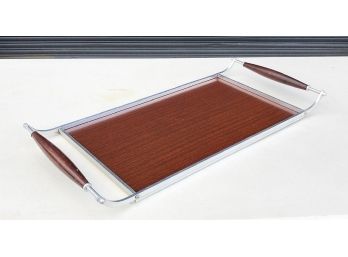 Mid Century Faux Wood And Chrome Serving Tray - 25” Long!