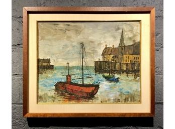 Mid Century Waterfront Scene Oil On Canvas Signed Langman