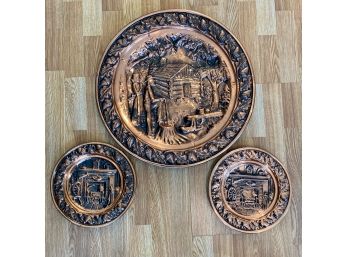 Set Of 3 Embossed Copper Wall Hangings Plaque Plates