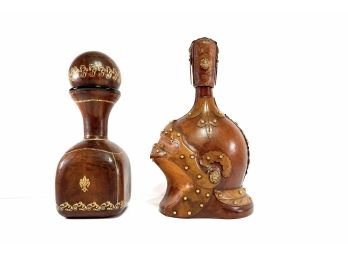 Vintage • Hand Tooled Italian Leather Wrapped Decanters