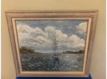 Very Well Done Sail Boat On Water O/c In Oak Frame Beautiful Piece