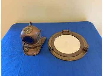Original Solid Brass Porthole Mirror Opens And Solid Copper Amd Brass Miniature Divers Helmet