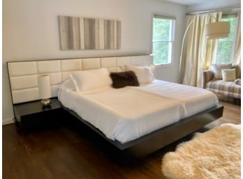Italian King Size Platform Bed W/Leather Headboard + Side Adjoined Side Stands + Pair Tube Lamps