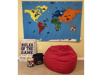 Play Time Wall Map & Land Of Nod Red Bead Bag Chair