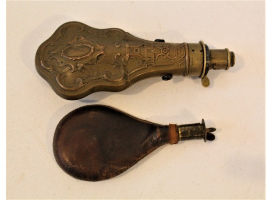 Old Black Powder Flask And Shot Holder Flask Rifle  Gun
