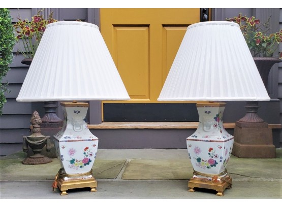Pair Of Dramatic Frederick Cooper Oriental Style Porcelain Floral Table Lamps