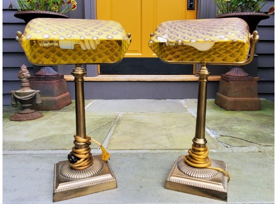 Awesome Pair Of Frederick Cooper Brass Bankers Lamps W/ Yellow & Brown Tortoise Shell Satin Glass Shades