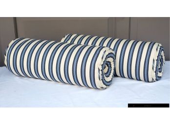 Pair Of Blue & White Striped Bolster Accent Pillows