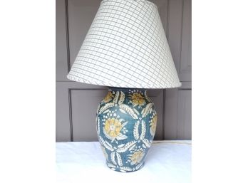 Large Porcelain Blue, Yellow & White Table Lamp W/Blue & White Shade