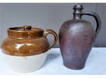 Vintage & Antique Pottery -Jug From Rouen France &  Bean Pot W/Lid