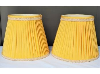 Beautiful Vintage Pair Of Custom Made Yellow Fabric & Trim Are Scalamondre Pleated Lamp Shades