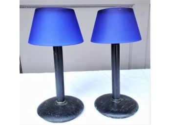 Pretty Pair Of Black Wood Tealight Candle Lamps W/Cobalt Blue Shades