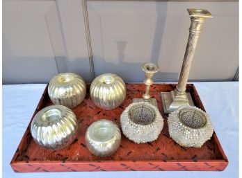 Lacquered Woven Tray & Assortment Of Beaded, Glass & Metal Candle Holders