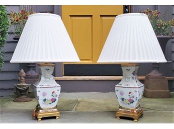 Pair Of Dramatic Frederick Cooper Oriental Style Porcelain Floral Table Lamps
