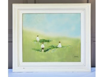 Vintage Signed Framed Oil Painting - Three Children In A Field Of Grass