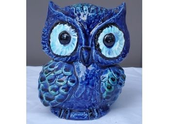 Adorable Early 1960s Vintage Mid Century Ed Langbein 6' Pottery Owl Blue Pottery Owl Vase - Japan
