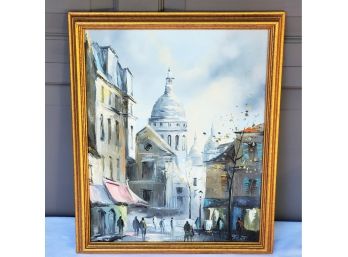 Vintage Early 1960s Framed Signed Oil Painting Of Parisian Street Scene