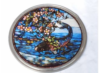 Lovely Round Leaded Stained Glass Japanese Koi Fish & Flowers Sun Catcher