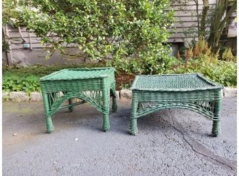 Two Vintage Maine Green Painted Wicker Side Tables