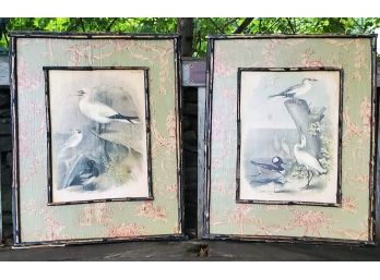 Pair Of Vintage Oriental Bamboo Framed Gulls Surrounded By Toile Matting