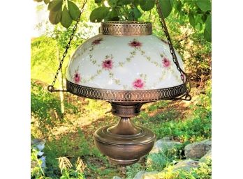 Wonderful Antique Brass Hanging Ceiling Light Fixture W/Beautiful Large Floral Painted Milk Glass Shade