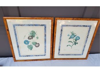 Lovely Pair Of Floral Botanical Prints In Burl Wood Frame