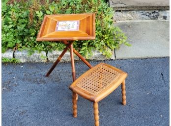 Vintage Japanese Bamboo & Tile Top Table And Small Rattan Wicker Stool