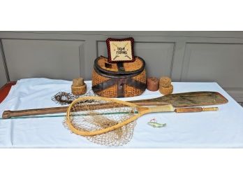 Fantastic Vintage Creel Basket,Floating Corks, Fishing Pole, Basket, Oar & More