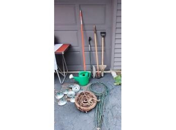 Mixed Lot Of Garden Tools Light String And Hanging Basket
