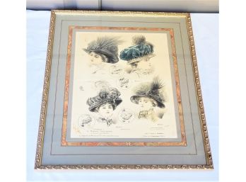 Antique Professionally Framed & Matted Paris France Hat Styles Print