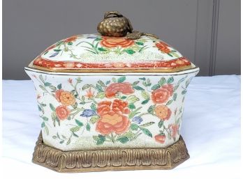Pretty Japanese Porcelain Painted Box W/Brass Stand