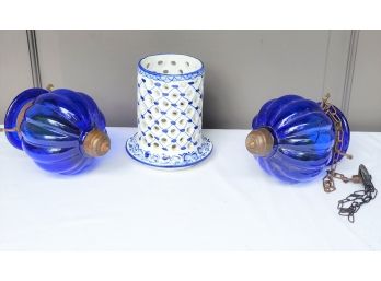 Pair Of Beautiful Cobalt Blue Glass Hanging Candle Holders & Ceramic 7' Cylinder Shaped Candle Holder