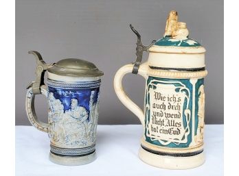 Two Vintage Germany Lidded Pottery Beer Steins
