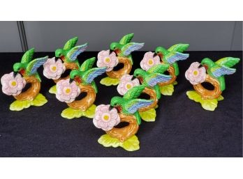 Eight Beautiful Vintage J. Willfred Porcelain Napkin Rings - Tropcial Birds & Flower